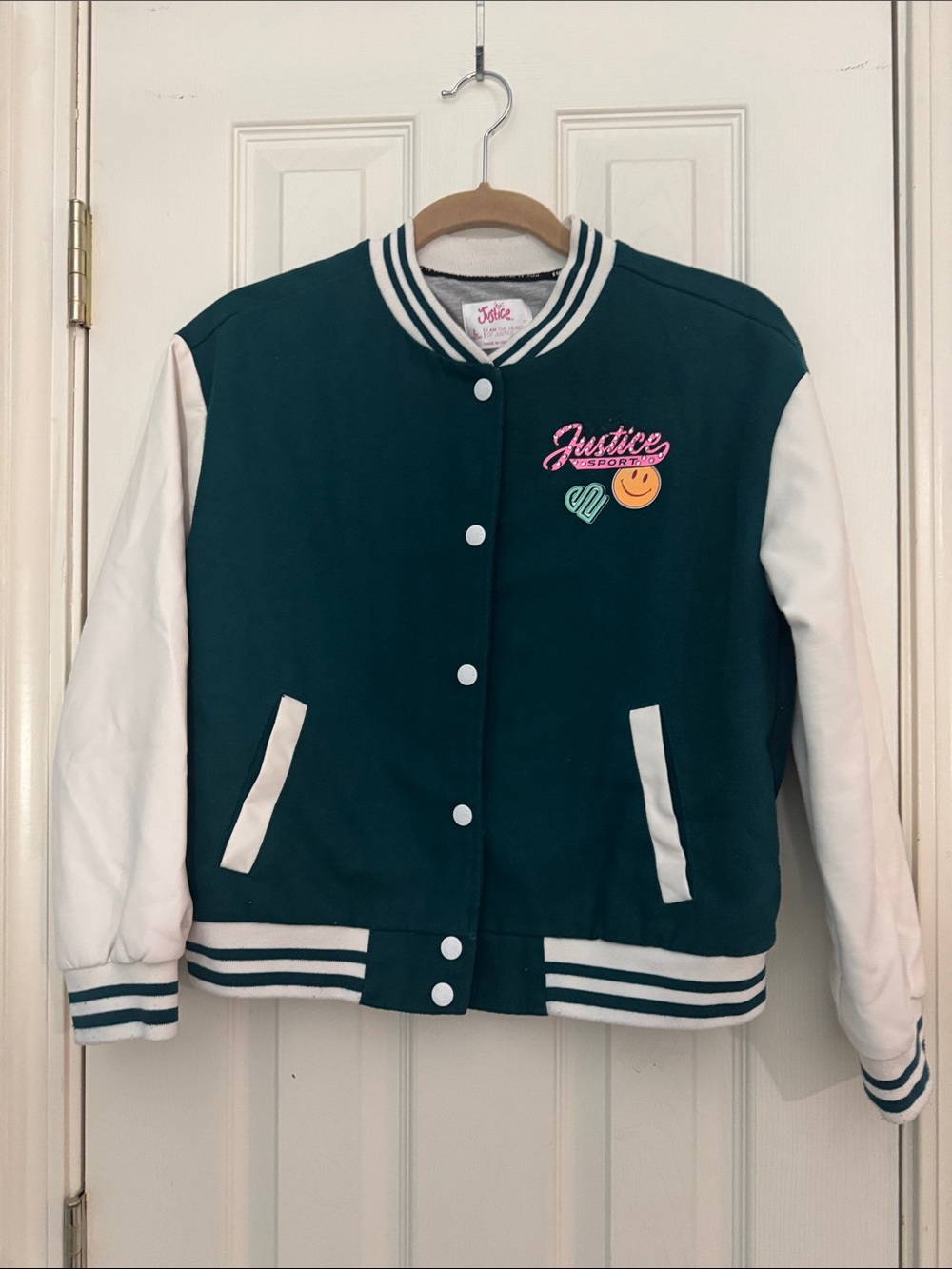Justice Girls' Green & White Varsity Jacket